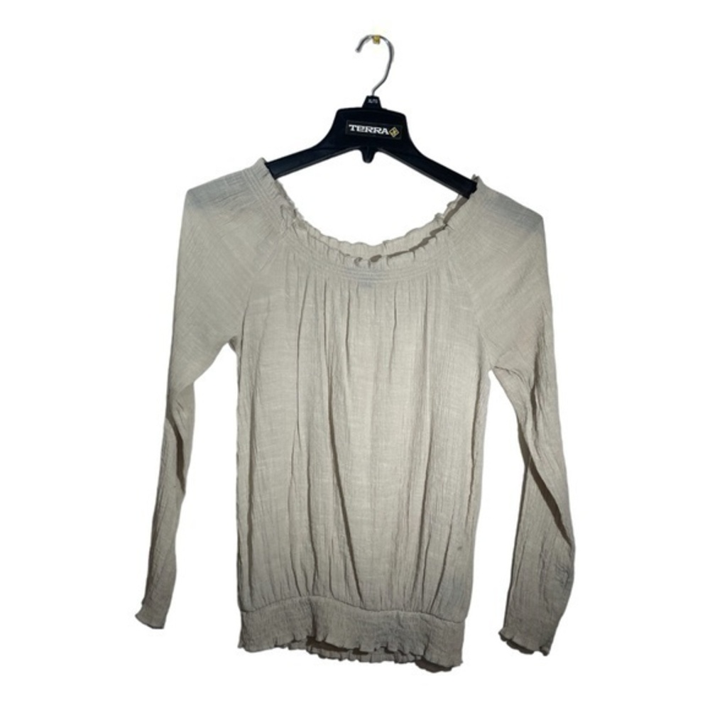 Le Chateau Womens Cream Blouse Crepe Flocked Hem Lightweight Size XS